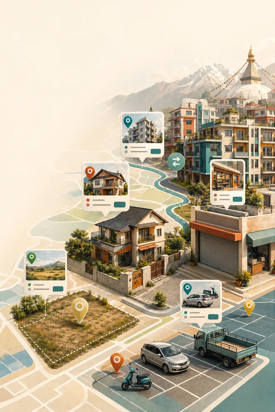 An illustrated Nepal marketplace scene showing homes, land, shop spaces, and vehicles on a map